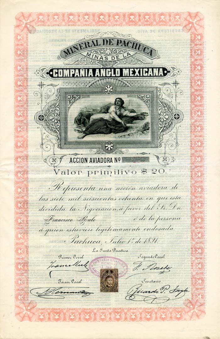 Mineral De Pachuca Minas De La Compania Anglo Mexicana - Mexican Mining Stock Certificate